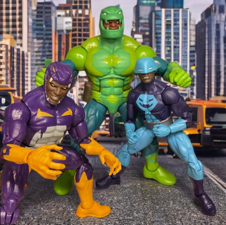Cottonmouth, Puff Adder, and Rock Python, snake-themed villains in green costumes, plotting together on a skyscraper rooftop.