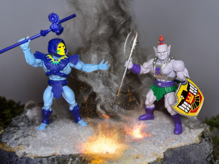 Muscular purple-skinned warrior Baltard emerging triumphantly before Skeletor, holding a large golden and black eagle-crested shield and spear in a volcanic backdrop.