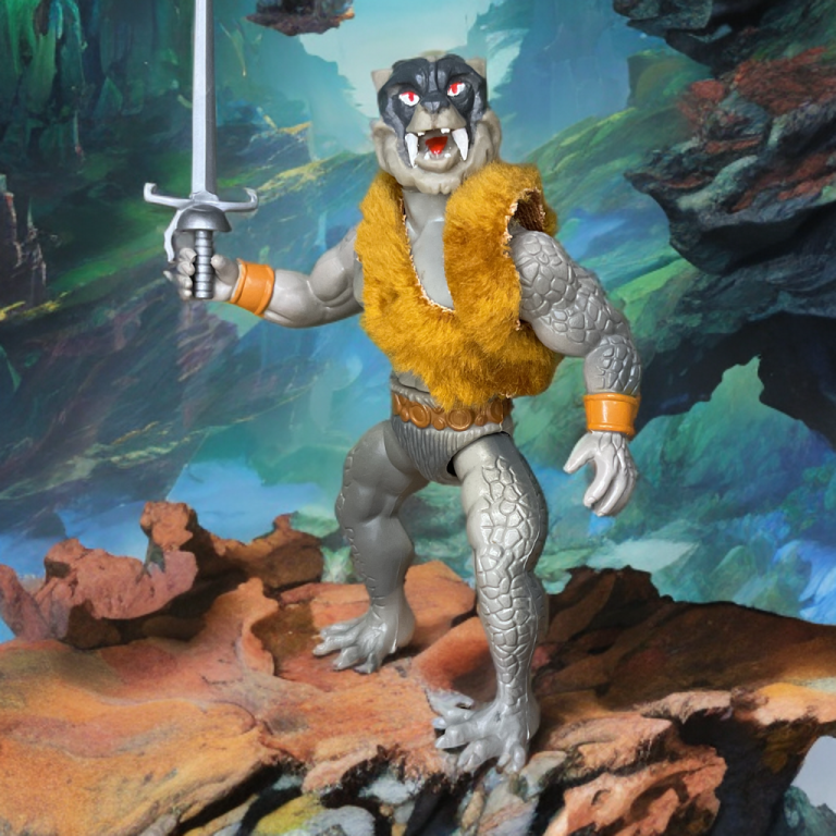 El Guerrero Lobo de escamas grises con una espada, en un frondoso bosque en una nostálgica sesión de fotos de Remco toy.