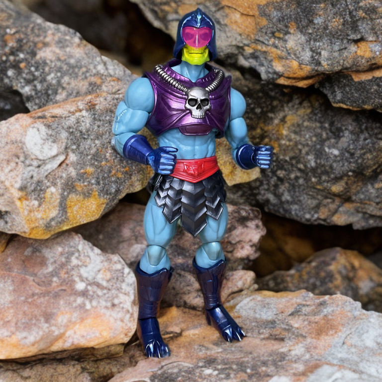 Nova figura do Skeletor Eternia com Garras do Terror removíveis, mãos que podem ser trocadas, arnês peitoral e mangueiras, organizadas para exibição.