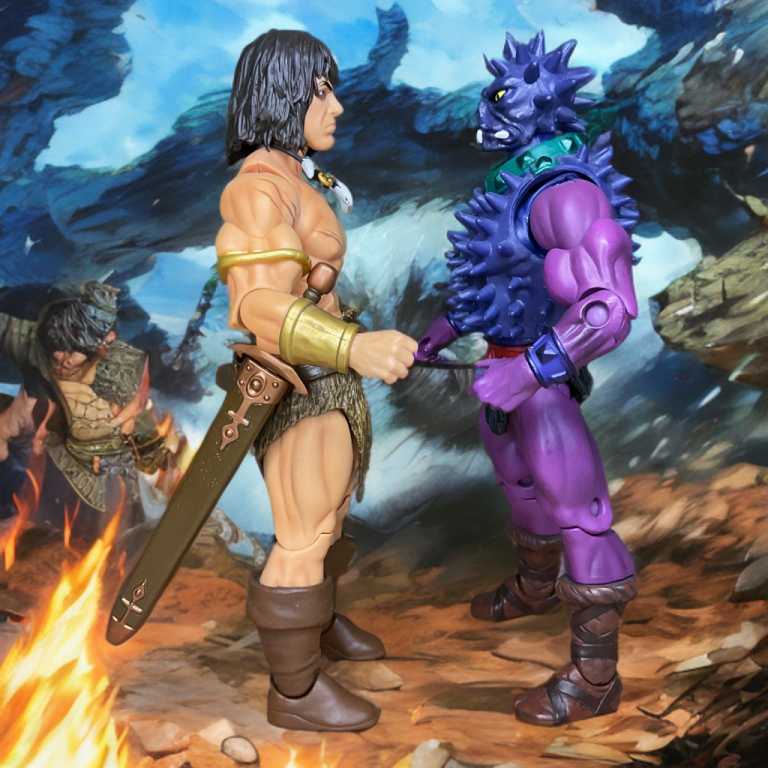 Conan with purple spiked Spikor against glowing blue-purple aura and distant bonfire fight.