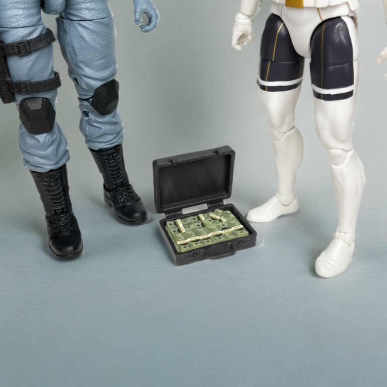 Briefcase full of cash on display after a big heist.