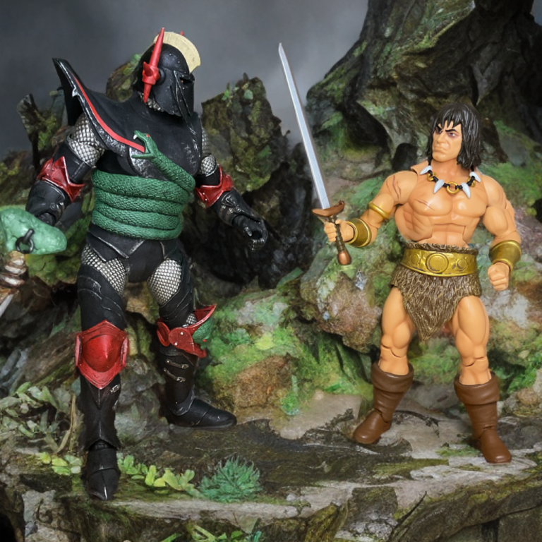 Conan draws sword against armored Grimsword with coiled green serpent in foggy, mossy setting.