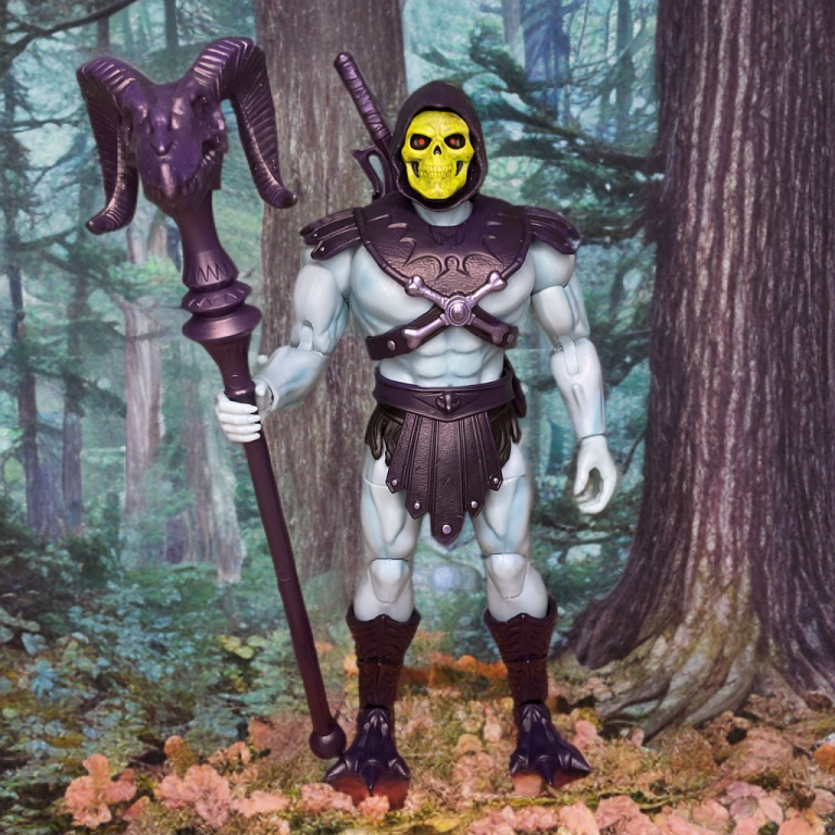 Masterverse Vintage Skeletor, highlighting finned forearms, clawed feet, and removable purple bat-wing harness.