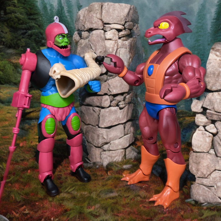 Die Masters of the Universe-Actionfiguren Trap Jaw und Clawful sind so dargestellt, als würden sie in einem Wald kämpfen.