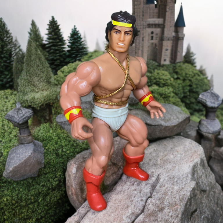 Hercules Unbound from the Lost World of the Warlord poses in front of a medieval castle with vibrant greenery.