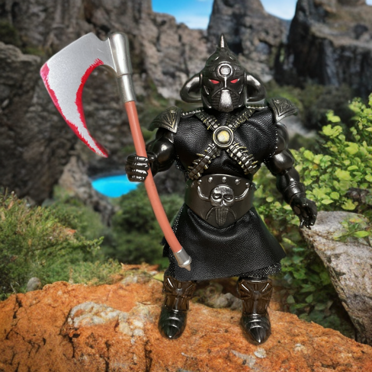 Armored Death Dealer wielding bloodied axe on mountainous ledge, evoking Frazetta’s iconic warrior imagery.