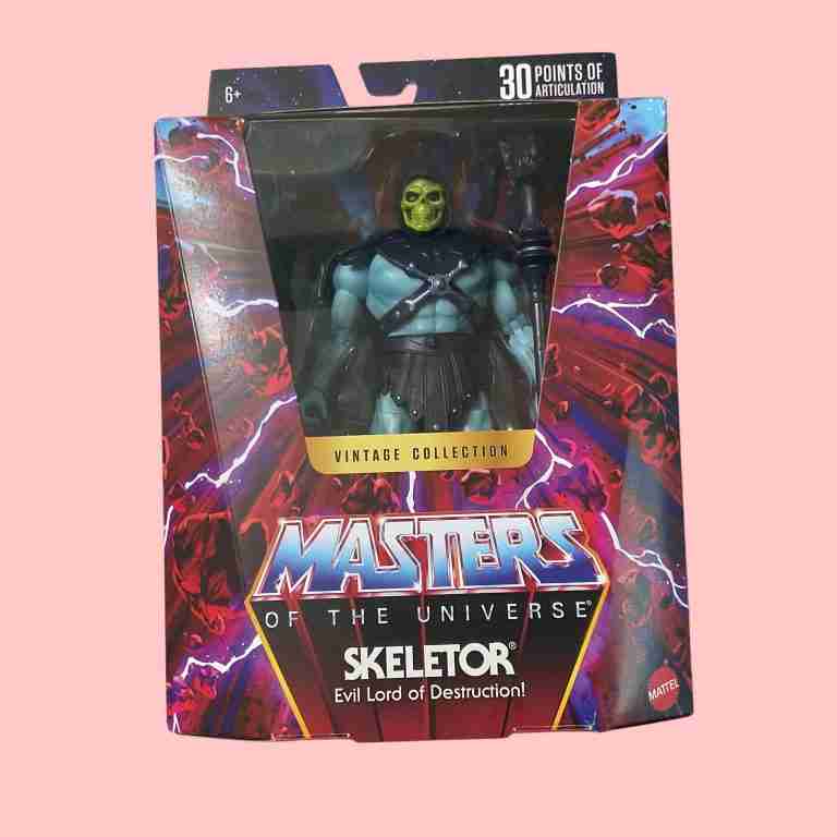 -exclusive Skeletor’s blister pack with Errol McCarthy-style artwork, featuring the figure and gold-embossed Vintage Collection logo.