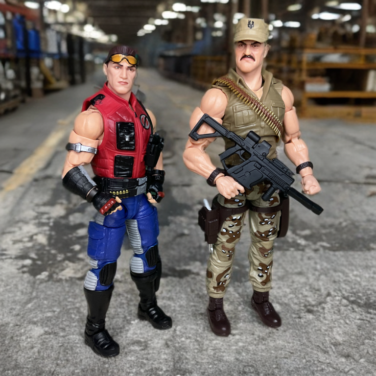 Bonecos de ação do Sgt. Slaughter e Mercer Stratton posados dinamicamente em um armazém.