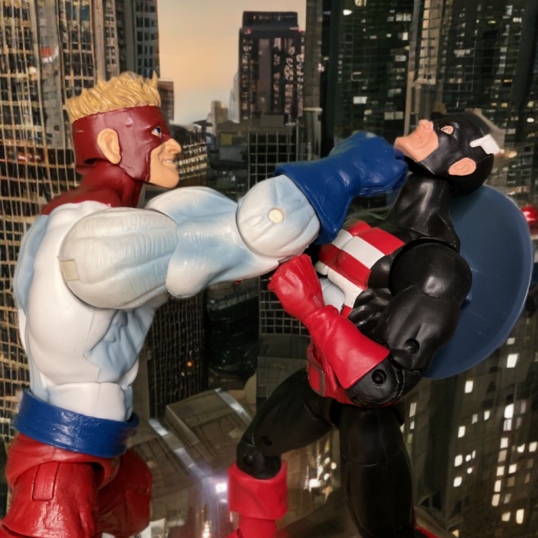 Picture of U.S. Agent facing Piledriver’s towering Asgardian-enhanced form.
