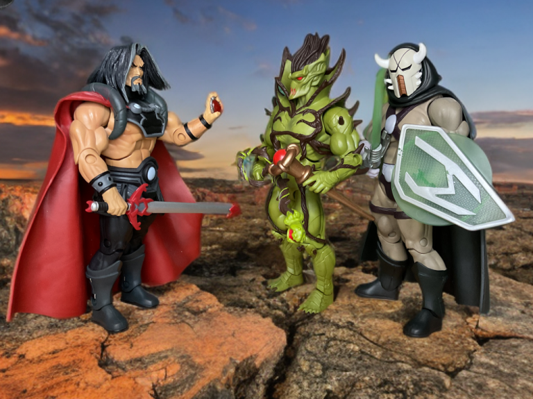 Count Marzo presenting a glowing red amulet to Evil Seed and Lord Masque on a cracked rocky outcrop at sunset.