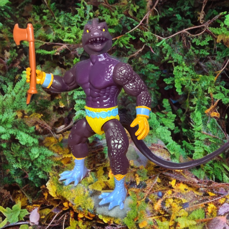 Wide shot of Snake Man with tail extended, in leafy foreground.