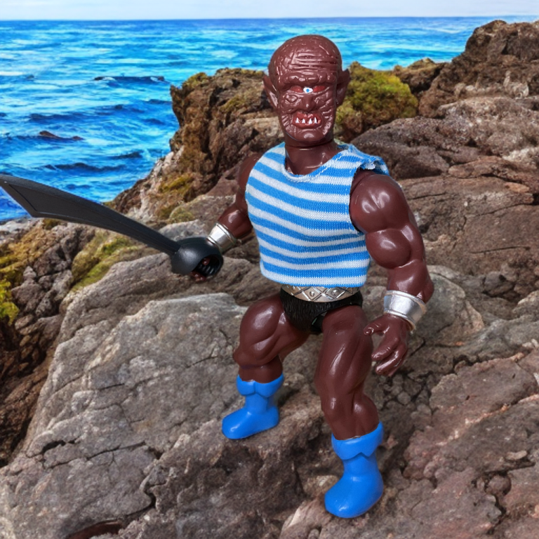 Close-up de Mad Eye Marauder empunhando um sabre preto em um fundo rochoso com o oceano ao fundo.
