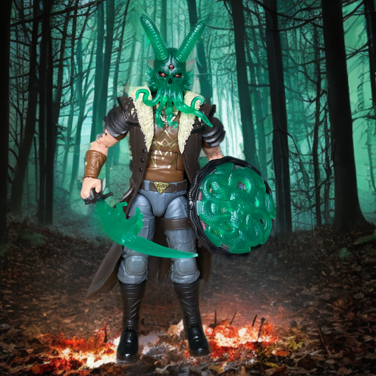 La figurine G.I. Joe Classified Series #159 pose avec un hypno-shield lumineux et un masque de démon translucide, mettant en valeur son design Cobra surnaturel.