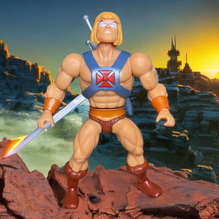 Filmation cartoon style Faker, showing glowing red eyes and metallic sheen with a Eternia backdrop.