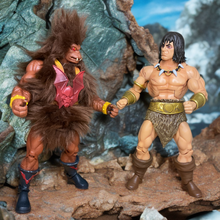 Conan in combat stance opposes furry bear-man Grizzlor in chaotic, mossy forest landscape.