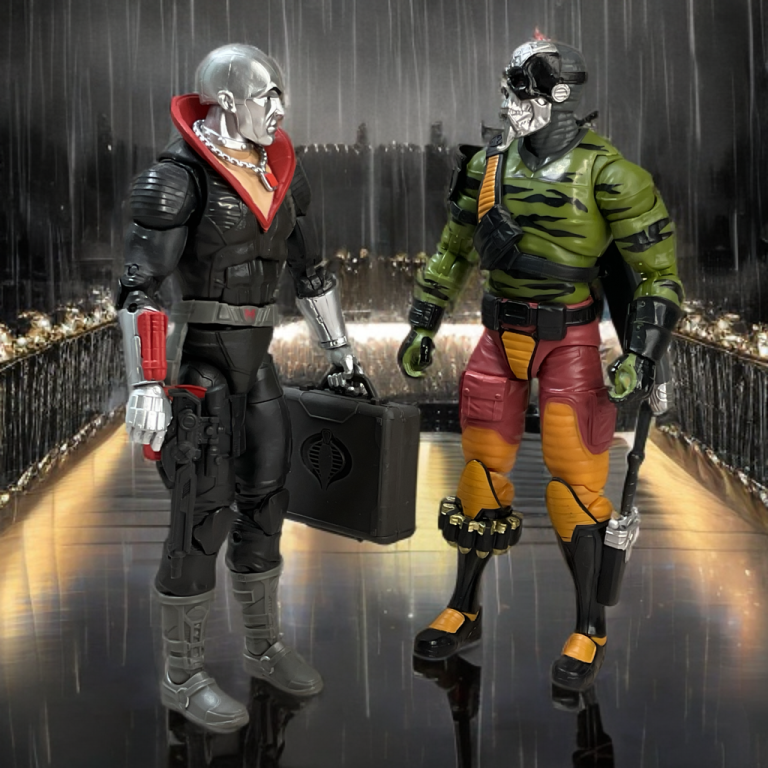 In pouring rain, Destro, in a black uniform with a red collar, hands a black briefcase to Darklon, in a green and orange tactical outfit with a spiked helmet, on a wet stone path. Castle Destro’s warm lights glow faintly in the stormy background.