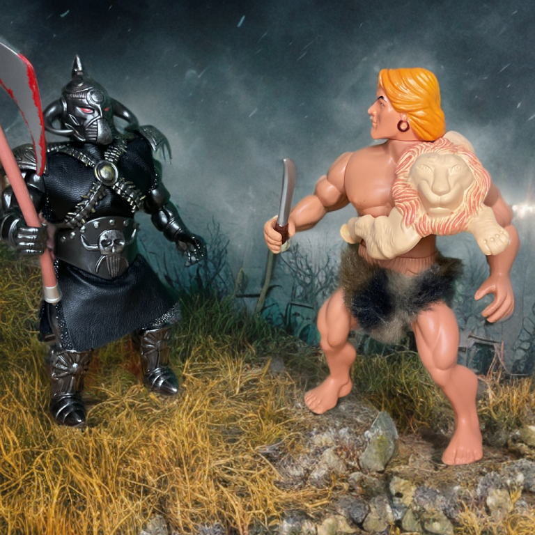 Intense confrontation between Death Dealer and Jungle Lord with weapons clashing in stormy, grassy battlefield.