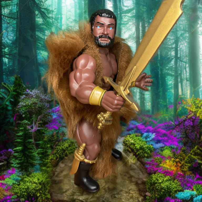 Hércules, em tanga de pele com uma espada dourada em uma floresta mística enevoada, parte da sessão de fotos de fantasia de 2025 da Zoloworld.