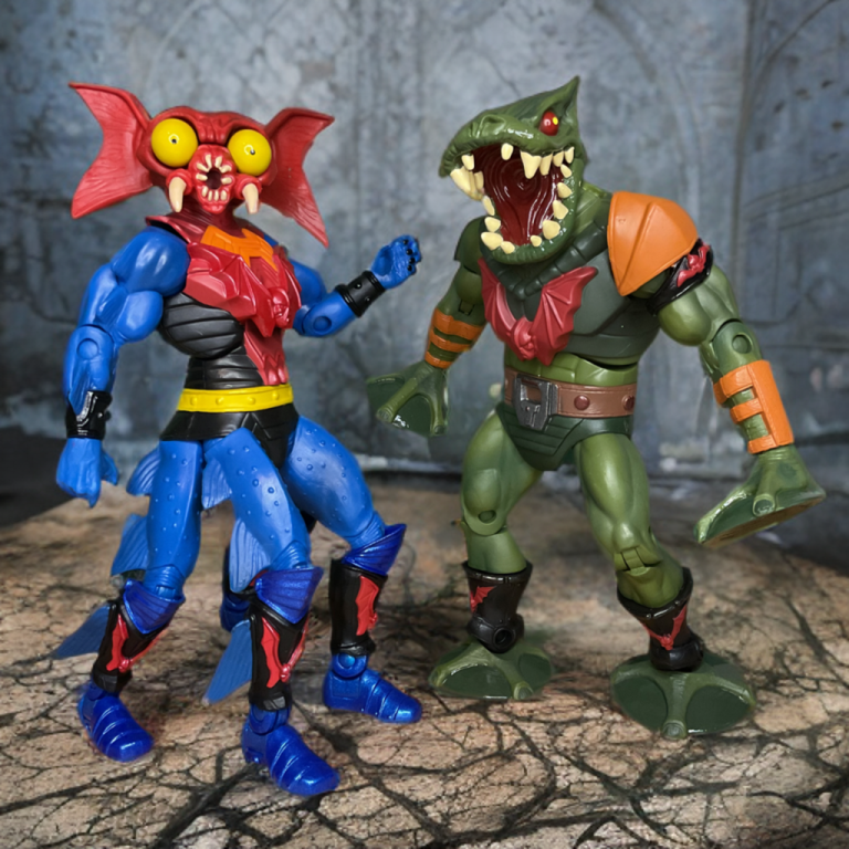 Mantenna and Leech in a dynamic duo pose on a rocky platform in MOTU Classics style.
