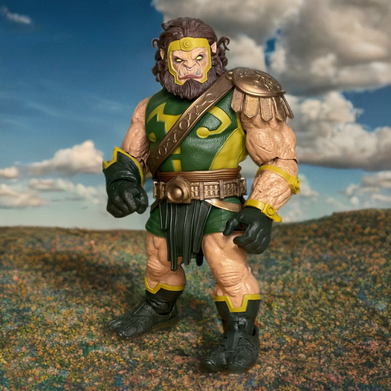 Kalibak’s brutish form, posed dynamically against cloudy blue sky background.