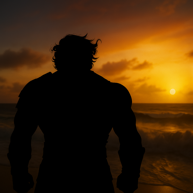 Silhouette of Kalibak at the ocean shore at sunset.