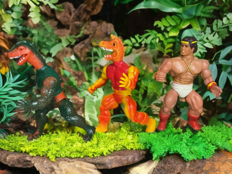 Warrior Beasts Stegos and Ramar retreating from Hercules Unbound in a green forest.