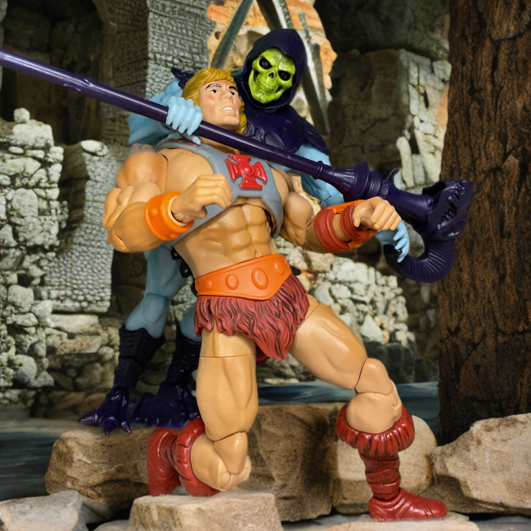 A dynamic scene that captures He-Man facing Skeletor’s Havoc Staff in a ruined temple, evoking the eternal battle of Eternia.