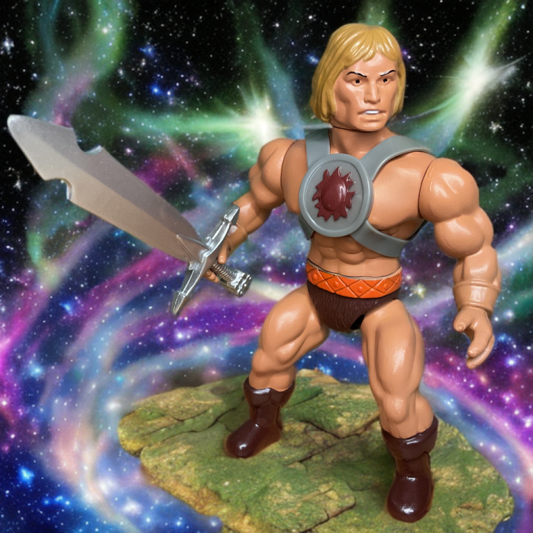 A espada de prata do Barbarian Man em um cenário cósmico e estrelado da sessão de fotos de 2025 da Zoloworld.