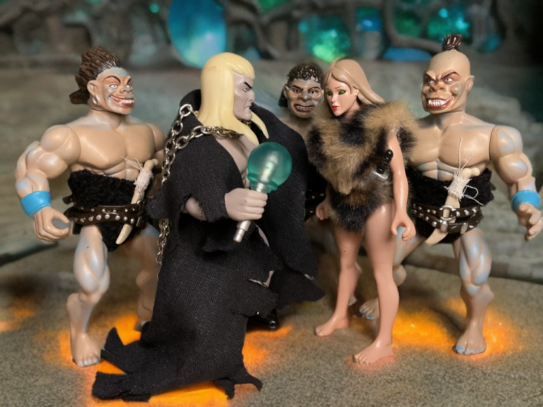 Flesh Eaters presenting captured Huntress to Nekrus in glowing cavern, creating a tense ritual atmosphere.