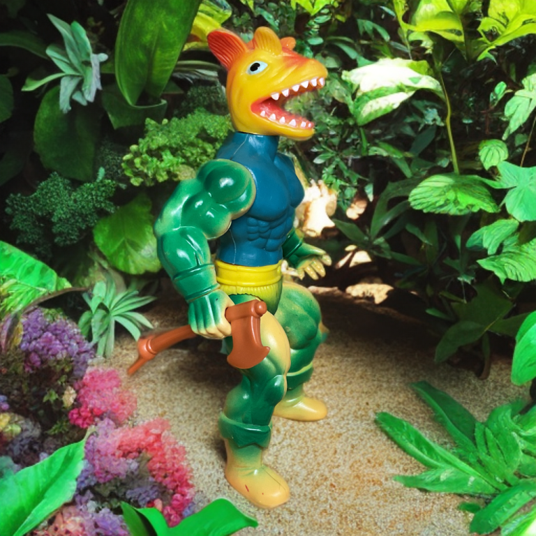 Gecko in crouched pose amid colorful plants, with enhanced scale textures.