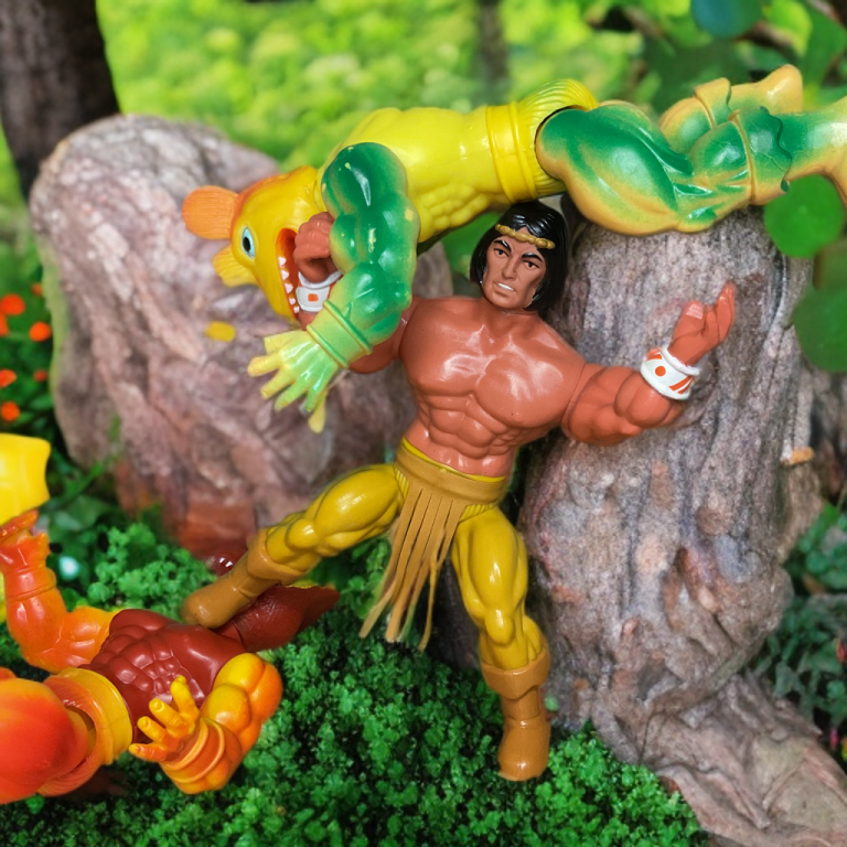 Brutal body slam moment in lush greenery, Arak slamming Zardus to the ground while Gauna lies defeated nearby.