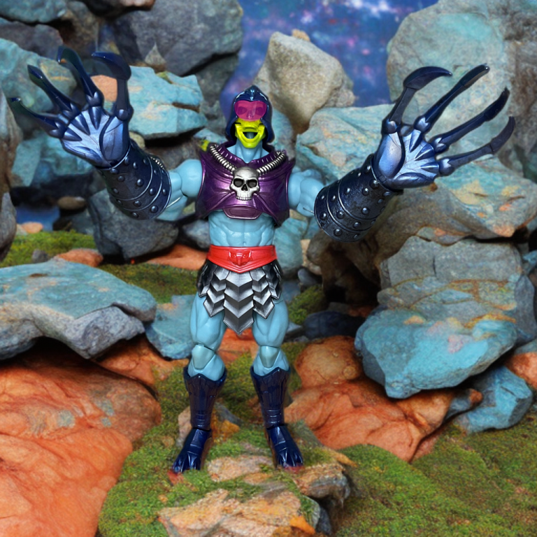 New Eternia Terror Claws Skeletor posou com garras grandes estendidas, com um arnês peitoral removível e botas roxas profundas.