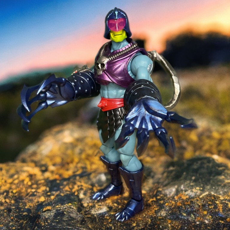 Detailed shot of the 2025 Skeletor’s oversized Terror Claws and light metallic helmet, emphasizing the figure’s menacing design.