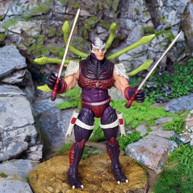 Le G.I. Joe Classified #140 Nemesis Immortal pose en position d'action avec les épées dégainées et les ailes déployées, mettant en valeur son articulation et l'esthétique menaçante de Cobra-La.