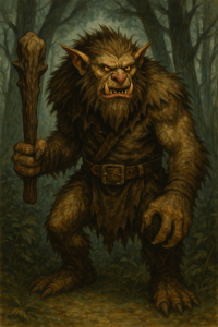 An eerie illustration of a bear-like bugbear lurking in a dark forest, its shadowy form with glowing eyes evoking medieval English folklore fears.
