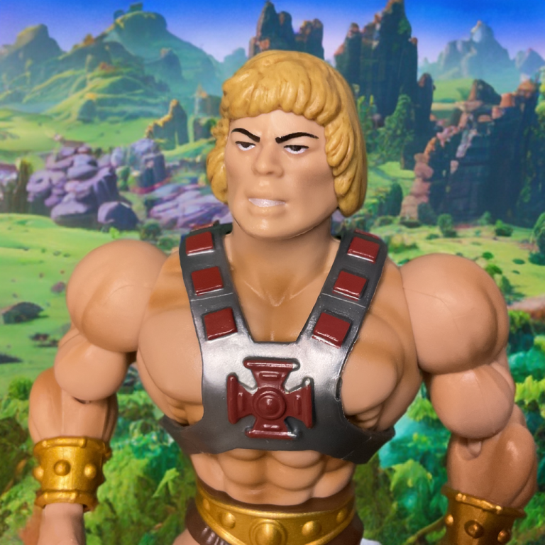 Victorious He-Man carrying the limp, defeated Baltard over his broad shoulder, standing tall in a sunlit peaceful landscape with rolling hills.