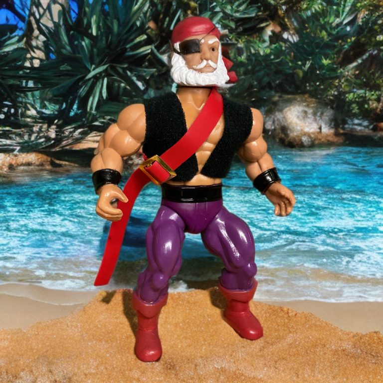 Patch, a pirate with a red bandana, white hair, and eyepatch, stands on sandy terrain by a blue lagoon with tropical foliage. His black vest, red sash with a gold buckle, purple pants, and red boots convey authority, with black wristbands completing his vigilant stance.