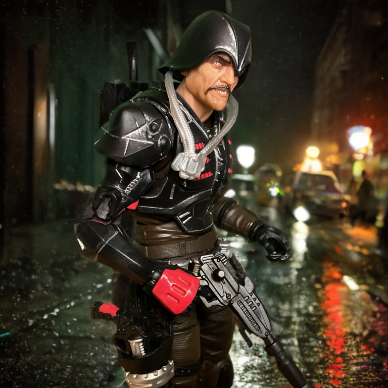 La figura G.I. Joe Classified Series #166 Major Bludd, con un brazo cibernético plateado y equipo táctico con acento rojo, se muestra con misiles y una mochila.