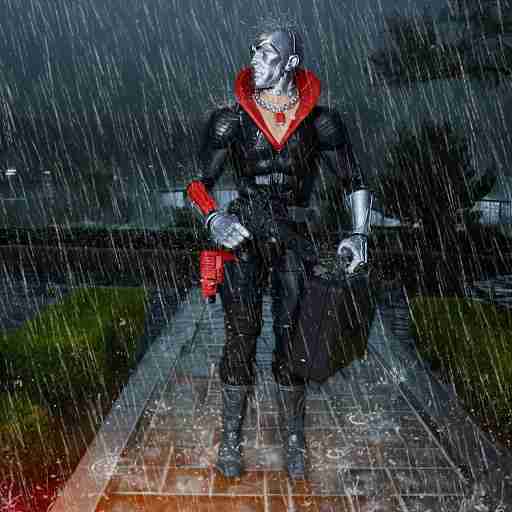 Destro, a metallic-skinned figure in a black uniform with a red collar, stands alone on a wet cobblestone path in heavy rain, gripping a black briefcase. Castle Destro’s imposing silhouette and warm lights reflect in puddles under a stormy night sky.