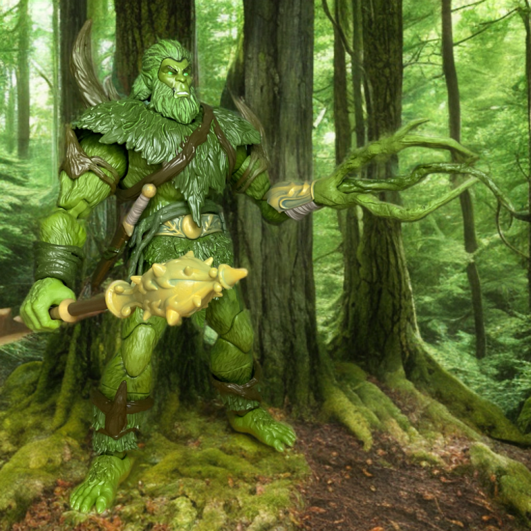 La figurine New Eternia Moss Man pose avec sa masse et son attachement de main racine, mettant en valeur 32 points d'articulation sur fond de forêt.