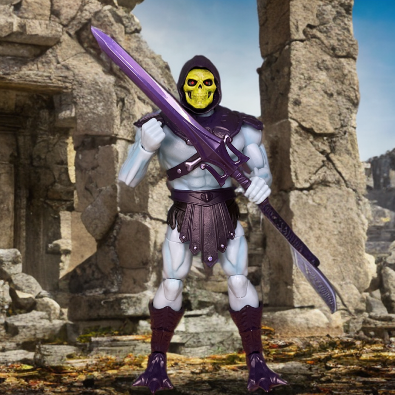 Skeletor with matte green finish and etched teeth, set against a purple hood with molded fabric texture.
