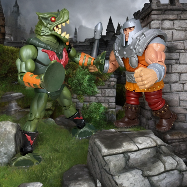 Leech clashing with Ram Man near a fire in a MOTU Classics battle scene.