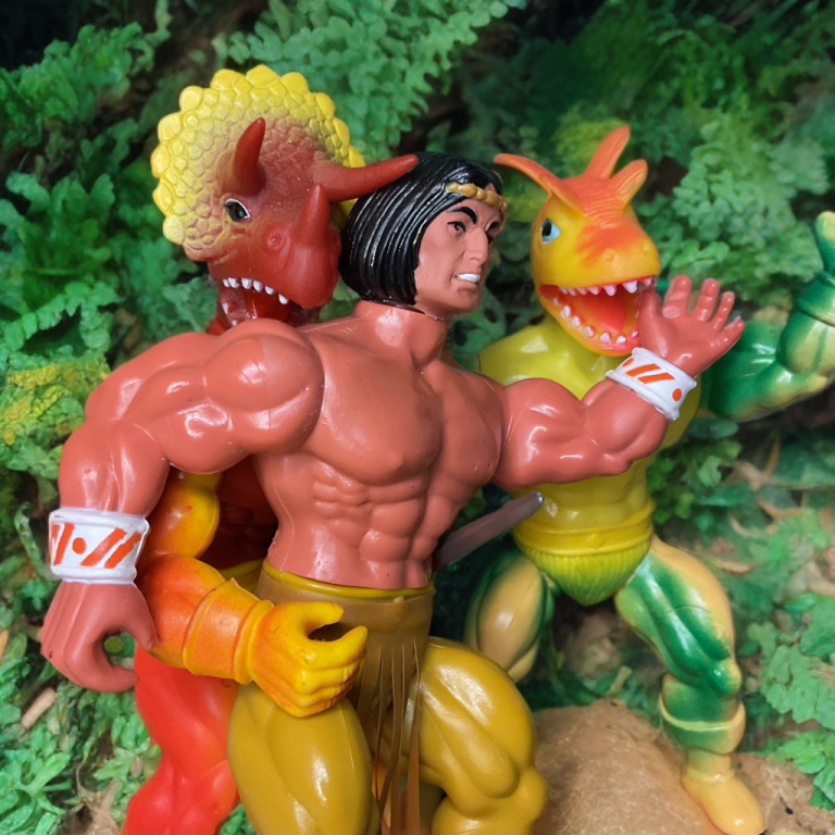 Action-packed scene of Arak ensnared and grappling with Gauna and Zardus in a vibrant jungle skirmish, muscles straining.