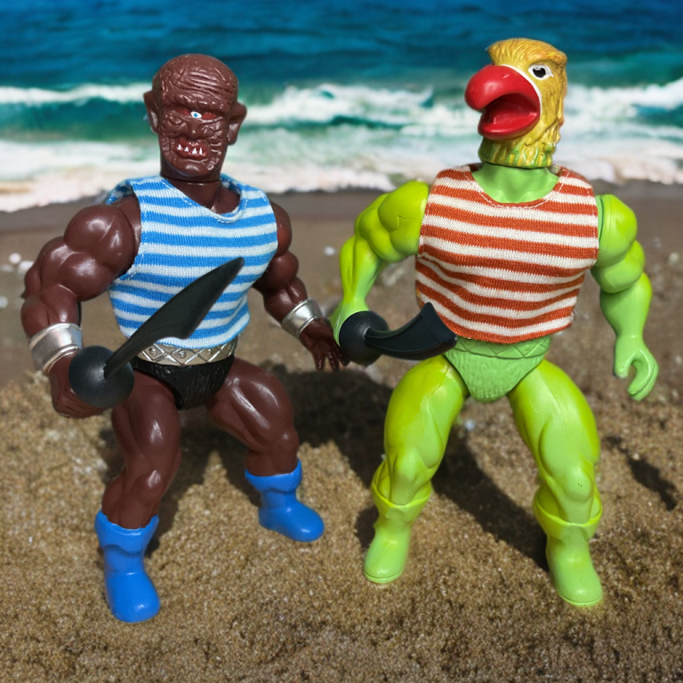 Cena de grupo da tripulação do Pirates of the Galaxseas planejando uma estratégia em uma praia ensolarada, com Mad Eye Marauder e Crackers McCaw com suas lâminas desembainhadas.