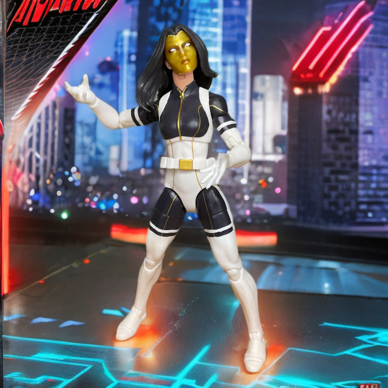 Marvel Legends Madame Masque figure, featuring a golden mask, white blouse, and black pants, posed.
