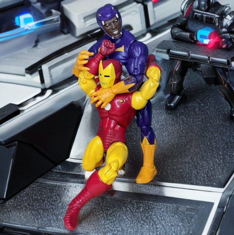 A dynamic scene depicting Cottonmouth using his bionic jaw to overpower Iron Man, who is in his red-and-gold armor, during a fierce battle.