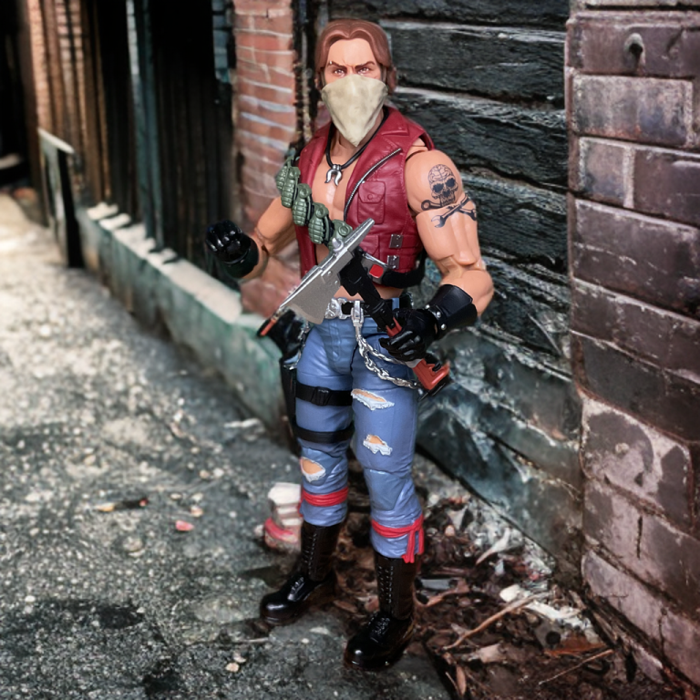 Monkeywrench wears a bandana to cover his face while roaming a back alley carrying an axe.