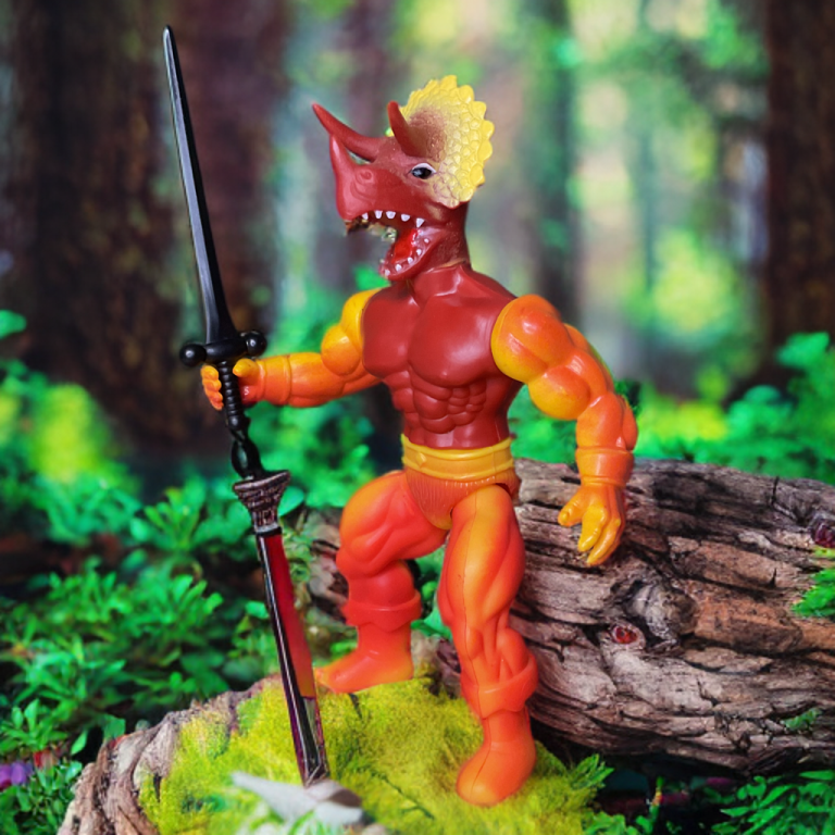 Guana standing on a mossy stone among green foliage and trees.