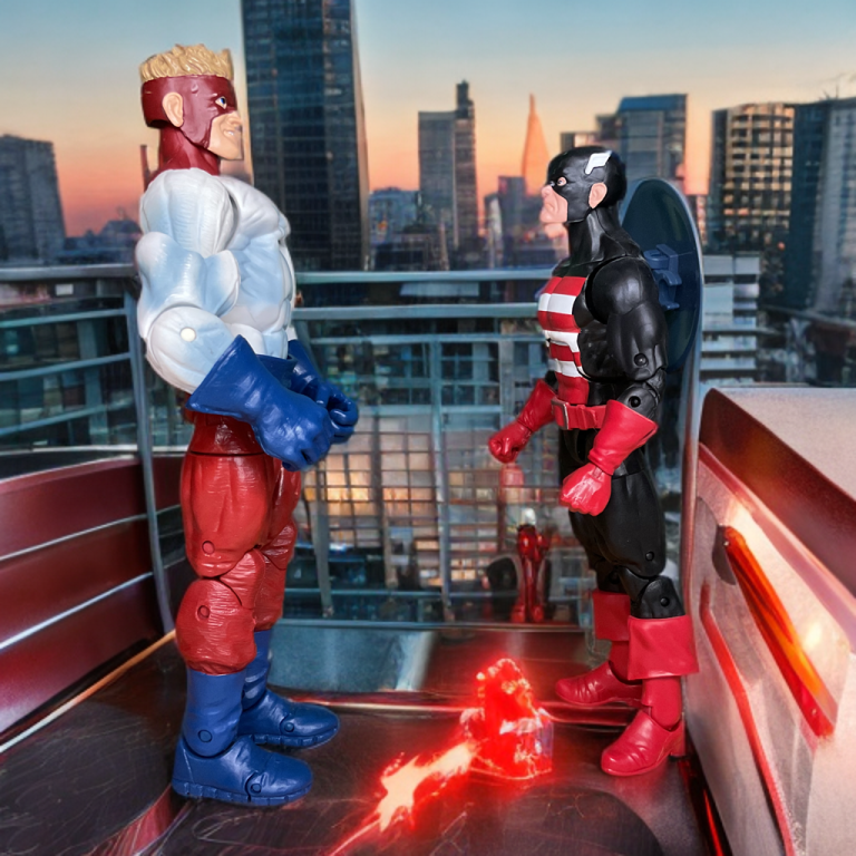 Image of U.S. Agent and Piledriver clashing on a rooftop, enhanced by Asgardian magic.